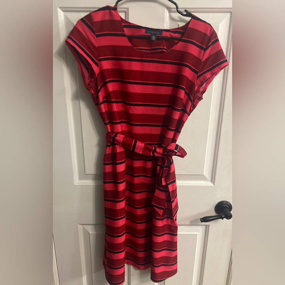 Tommy Hilfiger Red and Black Striped Midi Dress with Tie Waist